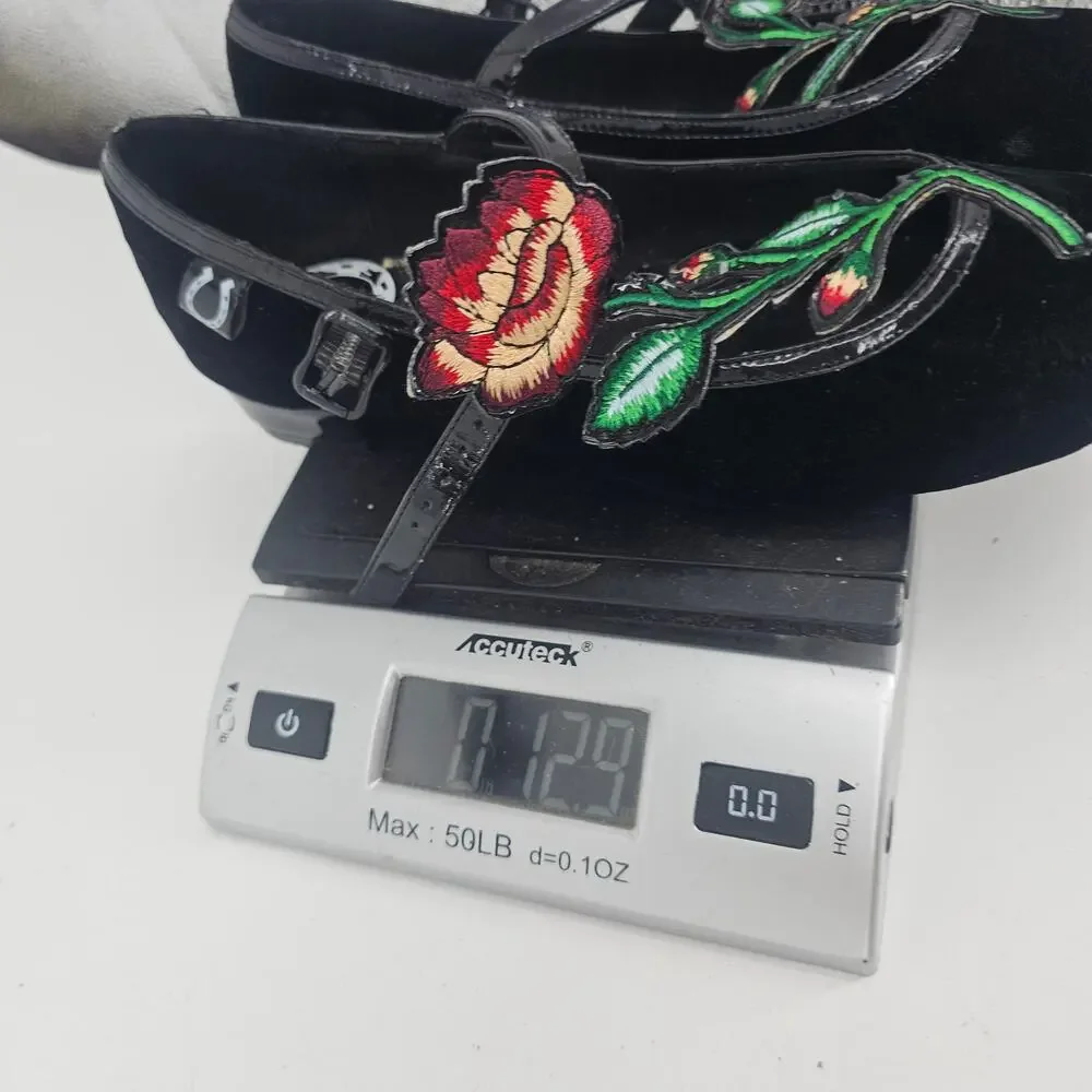 Miss L Fire Black Velvet Floral Embroidered Mary Jane Flats Ballet Shoe 37 6.5
